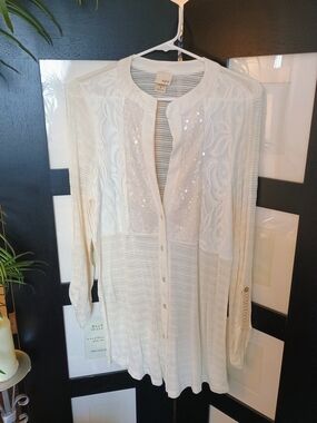 Cream Sequined & Embroidered Duster Cardigan